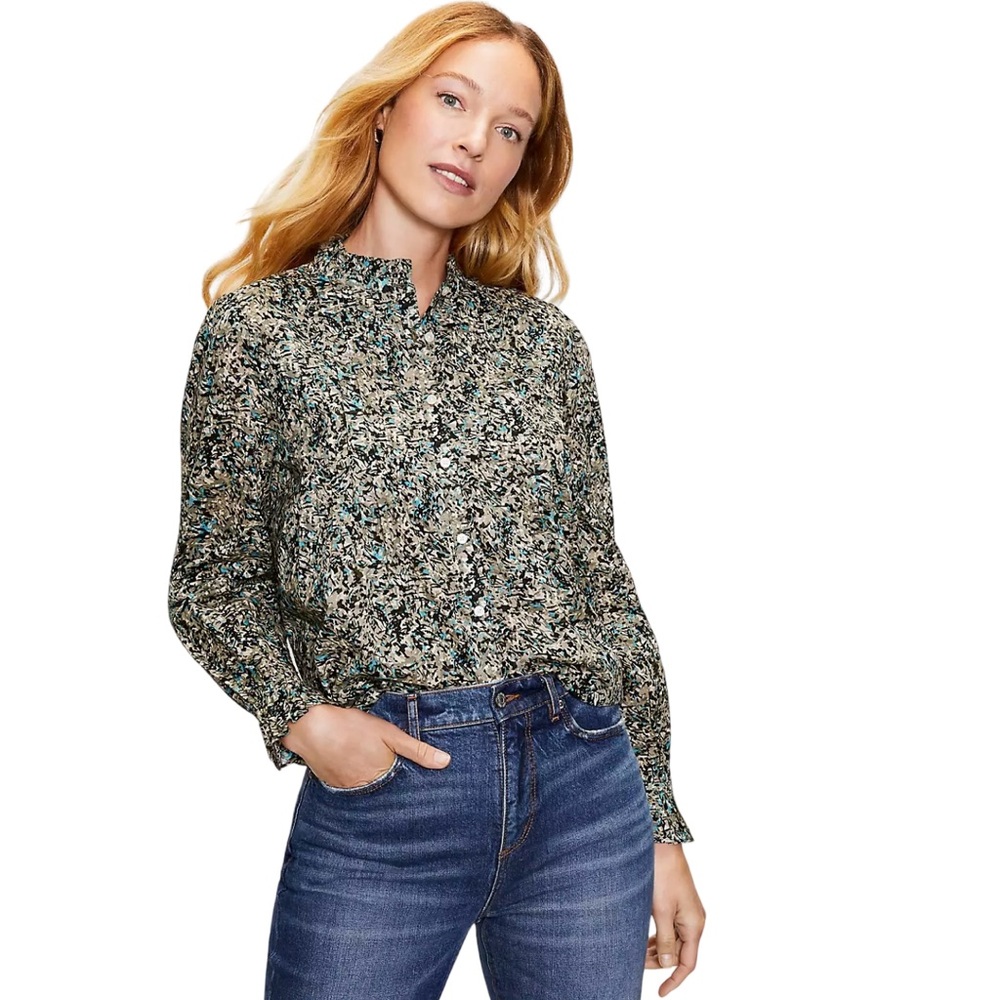 LOFT NWT Printed Pintucked Ruffle Long Sleeve Button Front Blouse Size Small